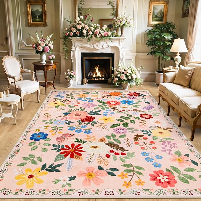 Area Rugs 9x12 Living Room: Floral Washable Rug Vintage Large Soft Boho Non-Slip Carpet Indoor Floor Stain Resistant Low Pile Carpets for Bedroom Dining Room Farmhouse Nursery Home Office Dark Beige