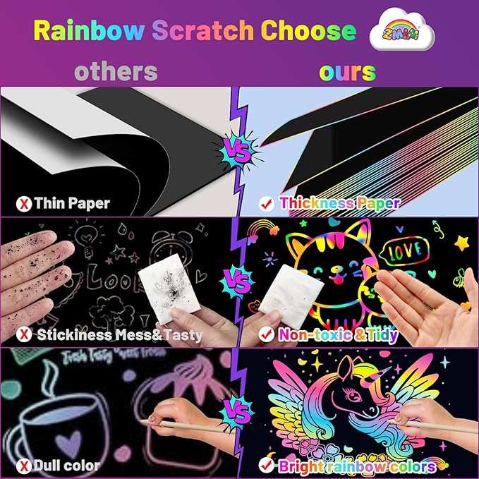 ZMLM Scratch Art Crafts Boys Gifts, 60 Rainbow Scratch Paper Art Gifts for 3 4 5 6 7 8 9 10 Years Old Girls and Boys Kids, Arts and Crafts for Kids 4-6 Birthday Toys and Games Activities Gift (Blue)