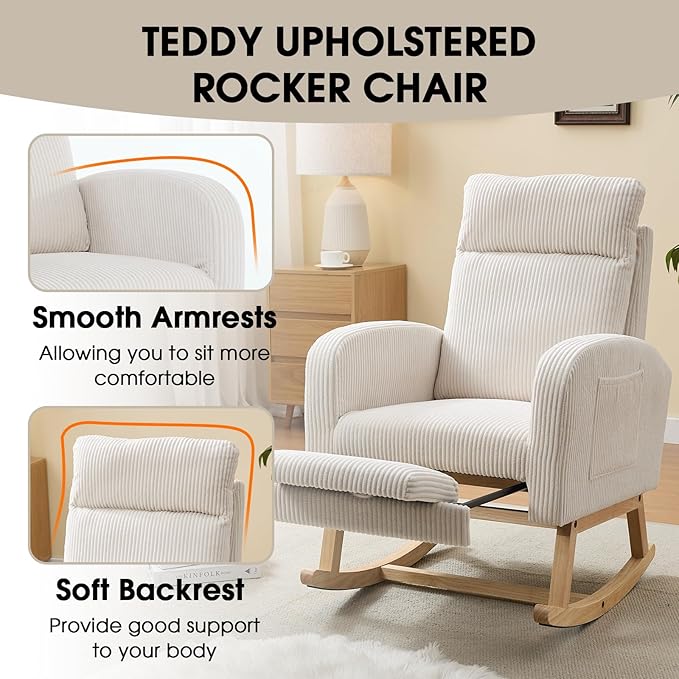 NIOIIKIT Nursery Rocking Chair, Corduroy Upholstered Rocking Chair with Adjustable Footrest, Tufted Rocker Chair with Side Pocket, Glider Rocker for Living Room, Bedroom (White Modern)