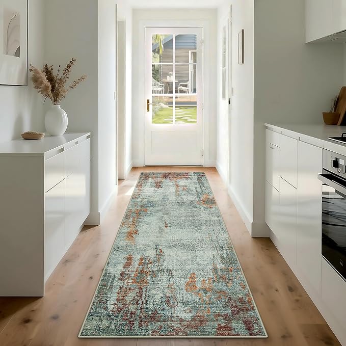 Runner Rug for Hallways Kitchen 2'6"x8' Washable, Non Slip Carpet 8ft Area Rugs Entryway Rubber Backed 8 Feet Neutral Abstract Modern Low Pile Indoor Red Brown