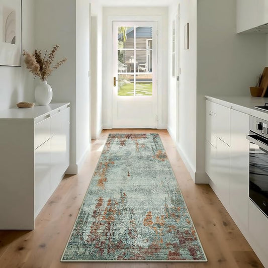 Runner Rug for Hallways Kitchen 2'6"x8' Washable, Non Slip Carpet 8ft Area Rugs Entryway Rubber Backed 8 Feet Neutral Abstract Modern Low Pile Indoor Red Brown