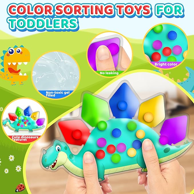 UIIOPJIOM 2PC Dinosaur Color Sorting Sensory Toys, Montessori Toys for Toddler Fine Motor Skill Game Learning Activities Quiet Calm Down Fidgets for Classroom Christmas Stocking Stuffers for Boy Girl