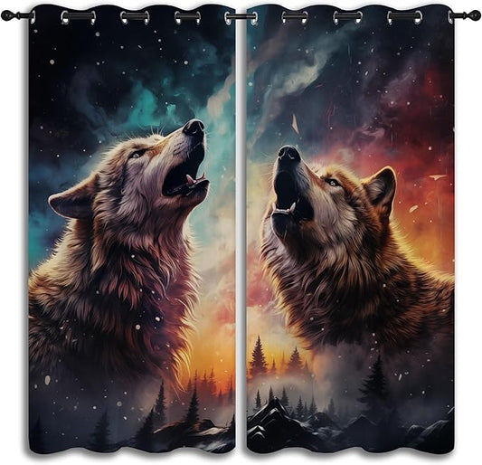 Fantasy Wolf Blackout Curtains for Boys Girl Bedroom Decor,Colorful Galaxy Misty Forest Wildlife Thermal Insulated Grommet Drapes Darkening Window Curtain for Living Room Home 63x63 inch
