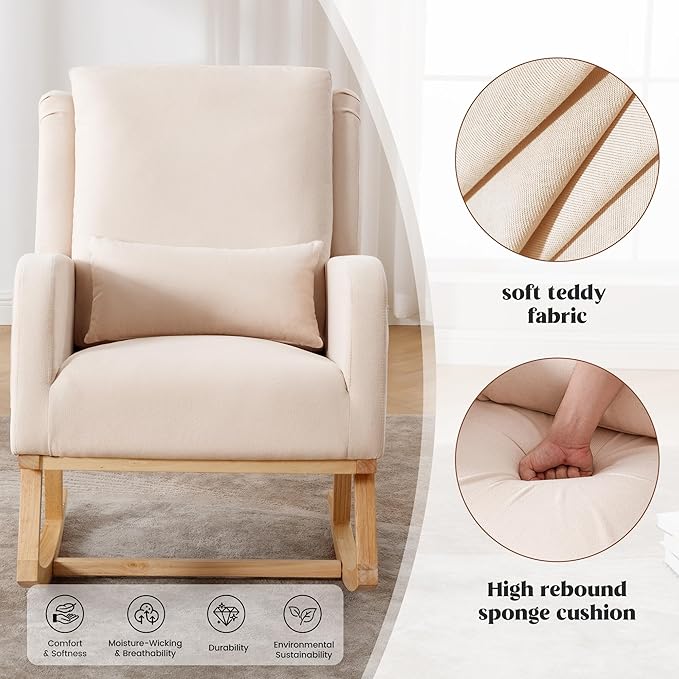 Rocking Chair Nursery, Nursing Rocking Chairs with Lumbar Pillow, Comfy Modern Nursery Glider Rocker Morden Accent Rocking Chair for Mom Nursery, Living Room, Bedroom, Beige