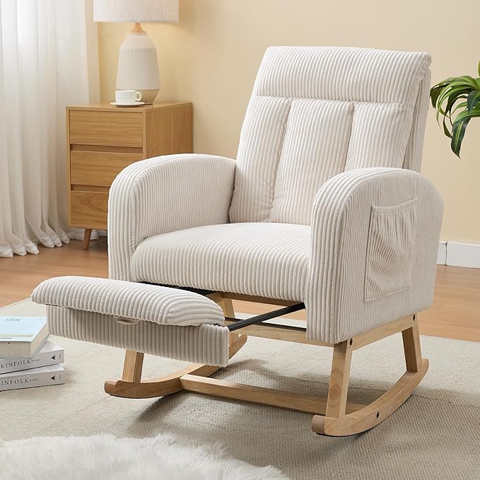 NIOIIKIT Nursery Rocking Chair, Corduroy Upholstered Rocking Chair with Adjustable Footrest, Tufted Rocker Chair with Side Pocket, Glider Rocker for Living Room, Bedroom (Cream Casual)