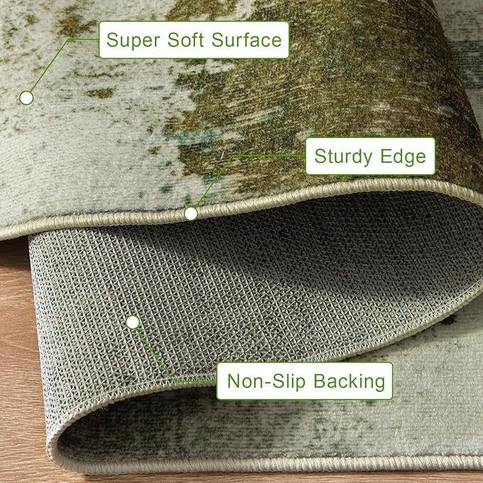 Entryway Rug 2x3 Green Rug, Washable Abstract Small Rugs Non-Slip Low Pile Throw Rugs for Kitchen Floor, Front Door, Bedroom Bedside