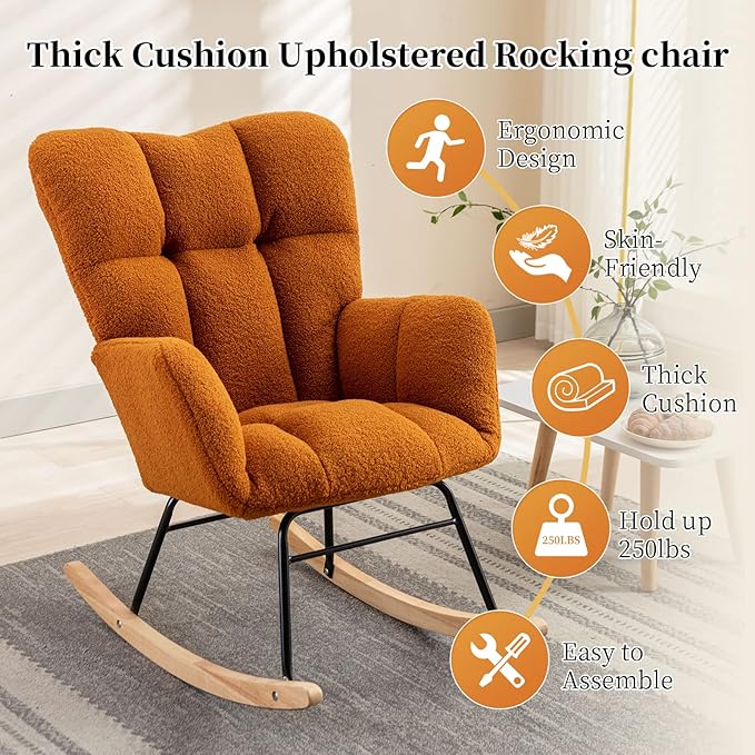 NIOIIKIT Nursery Rocking Chair Teddy Upholstered Glider Rocker Rocking Accent Chair Padded Seat with High Backrest Armchair Comfy Side Chair for Living Room Bedroom Offices (Orange)