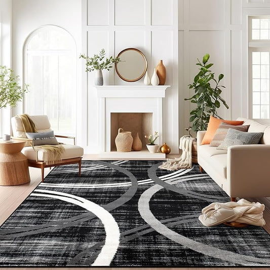 Rugshop Modern Wavy Circles Design Area Rug 10' x 14' Black