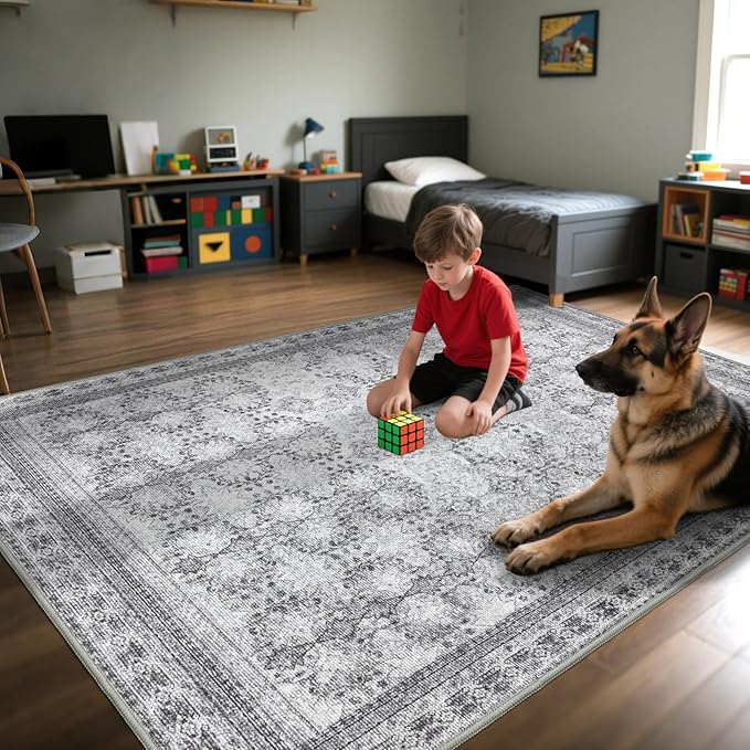 5x7 Washable Area Rug for Living Room Faded Grey, Non Slip Vintage Floral Bedroom Rugs Retro, Traditional Indoor Floor Carpet for Dining Room, Kitchen, Farmhouse, Office Classroom