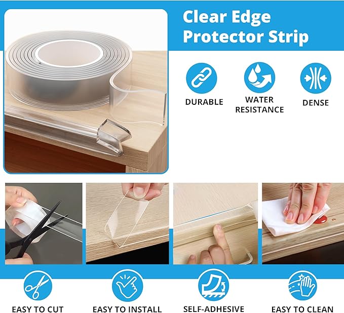 15ft Transparent Soft Edge Guard & Self-Stick Corner Protectors for Child Proofing Furniture, Glass Tables and Desk Edges - Clear Protection Solution for Baby Safety