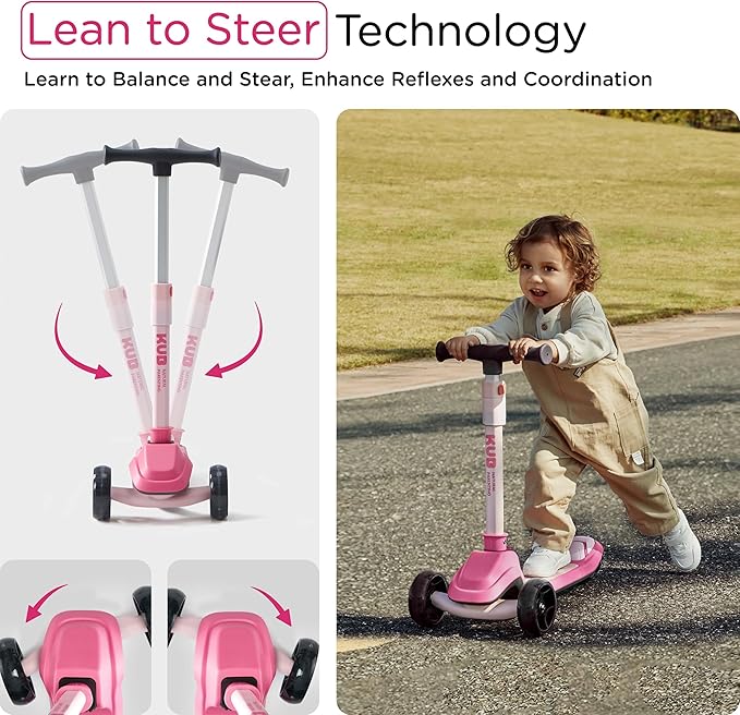 KUB Toddler Scooter for Kids Ages 2+, 3 Wheel Kick Scooter with LED Light-Up Wheels, Adjustable Height Handlebar, Lean-to-Steer, Anti-Slip Deck, Easy-Fold Design, Gift for Boys and Girls