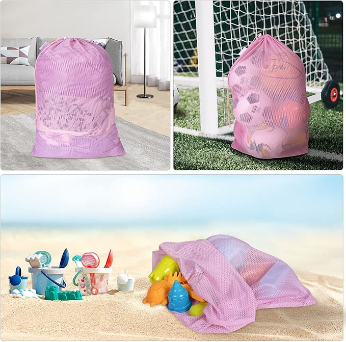 Polecasa Heavy Duty Large Mesh Laundry Bags with ID Tag and Locking Drawstring Closure - 2 Pack, 24 x 36 inches - Laundry Hamper Liner, Washable Laundry Bag for Travel, Sports, Dorms (Pink)