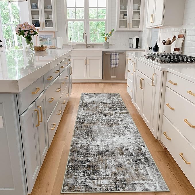 Runner Rug for Hallways Kitchen 2'6"x8' Washable, Non Slip Carpet 8ft Area Rugs Entryway Rubber Backed 8 Feet Neutral Abstract Modern Low Pile Indoor Black Gold