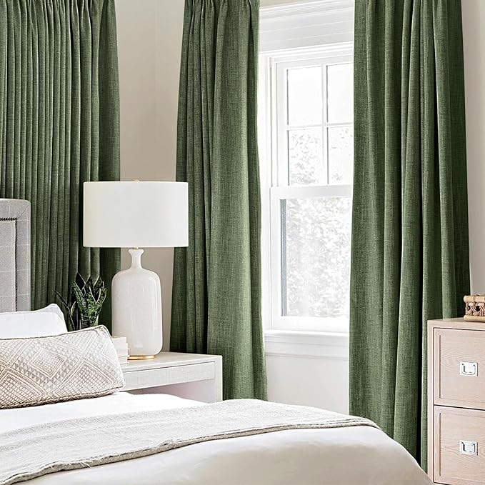 MIULEE 100% Blackout Linen Textured Curtains for Bedroom Solid Thermal Insulated Olive Green Grommet Room Darkening Curtains & Drapes Luxury Decor for Living Room Nursery 52 x 120 Inch (2 Panels)