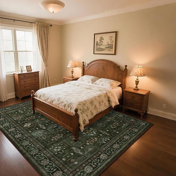 8x10 Washable Area Rug for Living Room, Non Slip Vintage Floral Print Rugs No Shedding, Distressed Thin Retro Accent Carpet for Bedroom Nursery Farmhouse Dining Room Dark Green