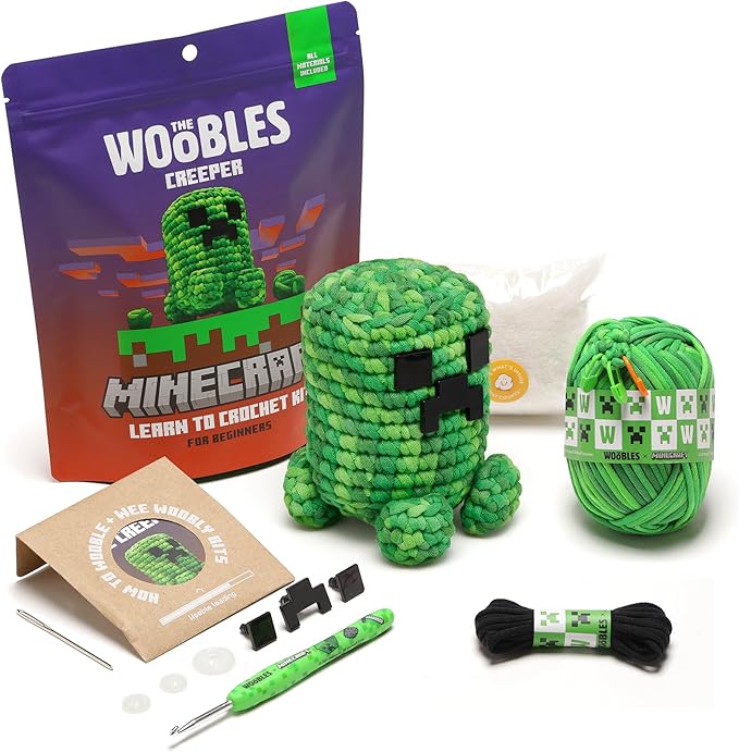 The Woobles Minecraft Crochet Kit – Beginner Crochet Kit for Adults & Kids, Easy Knitting Kit with Woobles Yarn, DIY Crafts, Crochet Animals, Minecraft Toys, Gift for Gamers & Crafters (Creeper)
