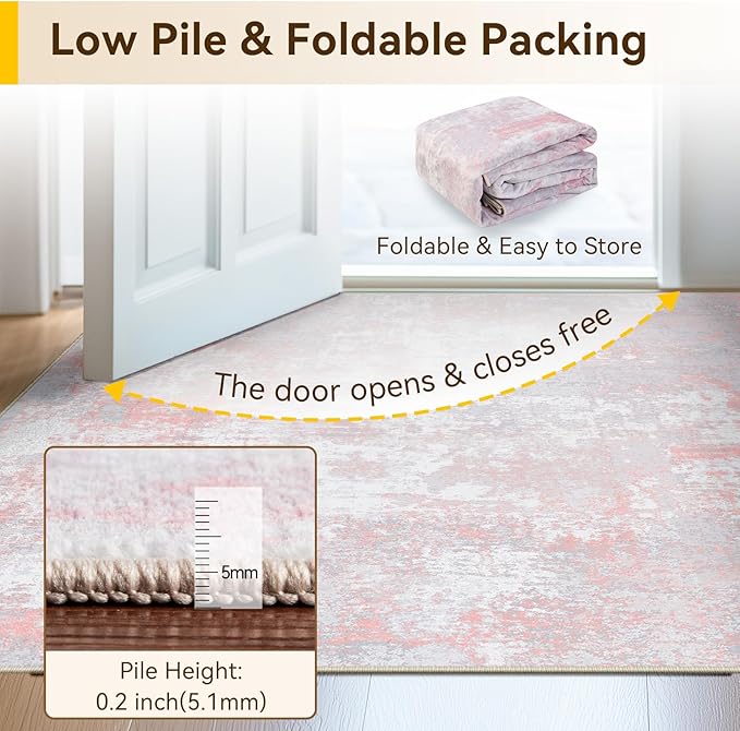 Washable Area Rugs 9'x12' Non-Slip Modern Abstract Soft for Living Room Entryway Bedroom Nursery, Print Pattern, Grey Pink