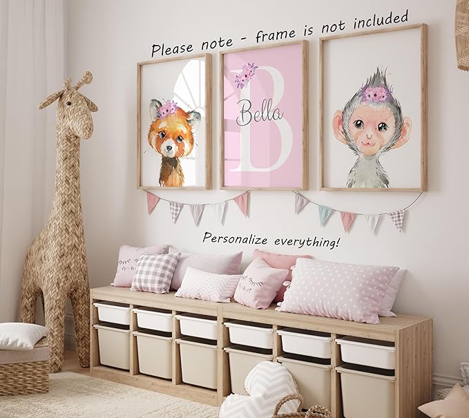 Personalized Safari Animals for Baby Girls Nursery, Set of 3 Unframed Poster Prints, Personalized Name Pink Lilac Floral, Girls Bedroom Decor, Elephant Giraffe (17x22)