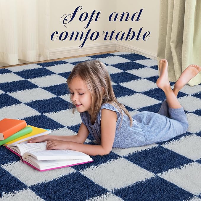 Super Soft Rug for Bedroom, 6x9 ft Blue and White Area Rug Classic Checkered Shaggy Anti-Skid High Pile Soft Fluffy Rug Fuzzy Carpet for Living Room Bedroom Kids Room Nursery, Dorm