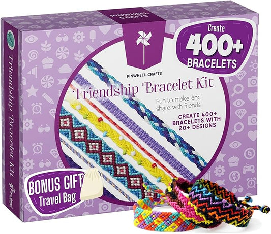Pinwheel Crafts Friendship Bracelet Kit – DIY String Bracelet Making Kit for Girls 8-12 – 100 Floss, Colored/Metal Beads, Braiding Clip, Design Book – Jewelry Making Set for Girls Gift