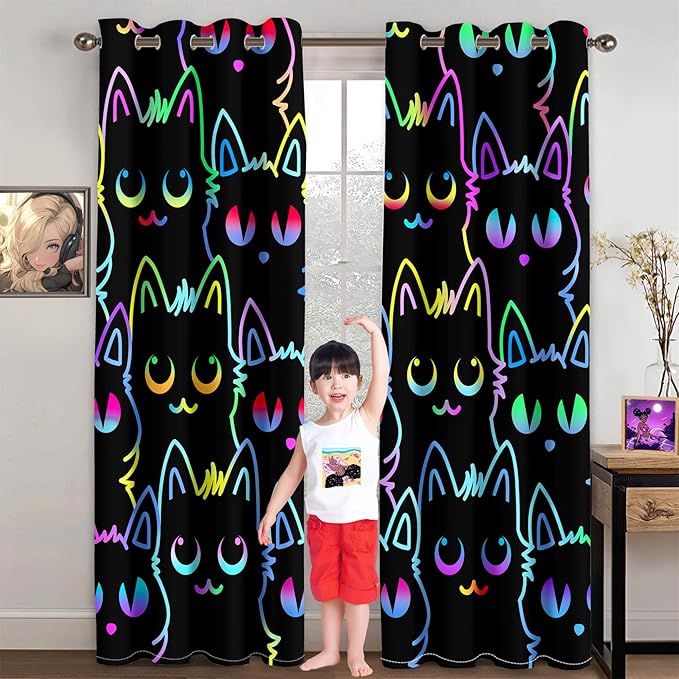 Cat Blackout Curtains for Girls - 2Pcs Cute Cartoon Cat Patterns Curtain Panels for Girls Bedroom Lovely Cats Drapes Darkening Window Curtain for Living Room Bedroom, 82" x 84"