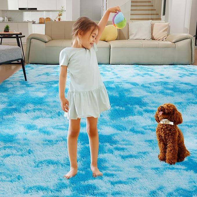 Luxury Shag Area Rug, 3X4 Indoor Ultra Soft Plush Rugs for Living Room, Carpet for Kids Boys Girls Dorm Nursery Home Decor Aesthetic, Upgrade Anti-Skid Durable, Tie-Dyed Blue