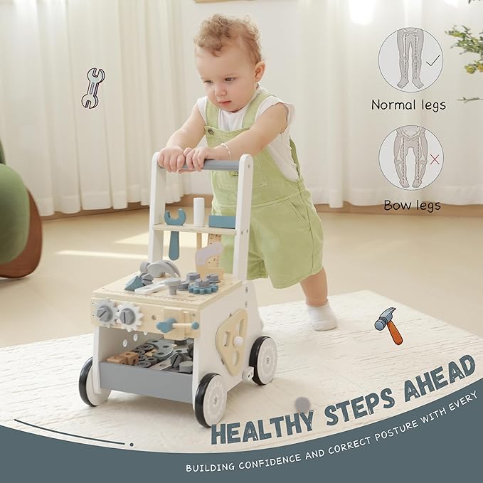 Wooden Baby Push Walker for Toddlers - Multifunctional Montessori Tool Bench Baby Walking Toy with Educational Activities, Ideal for Boys and Girls Aged 3 Years