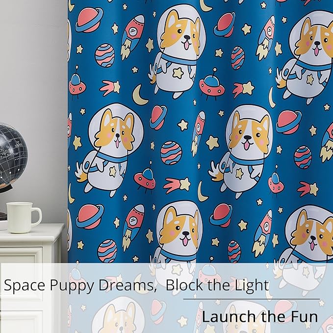 Kids Blackout Curtains - Space Dog Design, 100% Blackout, 2 Panels, Each W52×63, Thermal Insulated, Noise Reducing & Energy Efficient for Kids Bedroom, Turn your child’s room into a fun adventure