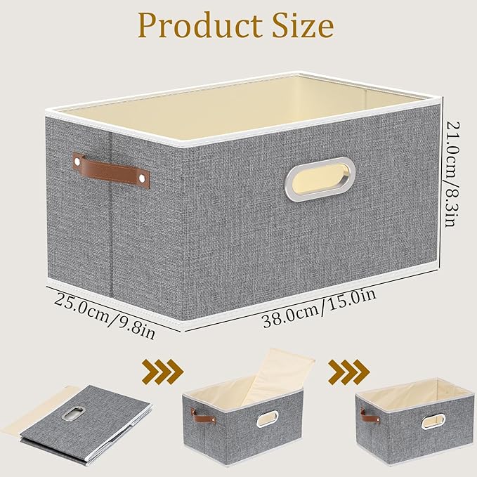 Yawinhe Foldable Storage Baskets for Shelves, Fabric Closet Organizers, Bins with 3 Handles, Cubes for Clothes, Grey, 15''Lx9.8''Wx8.3''H, 6-Pack