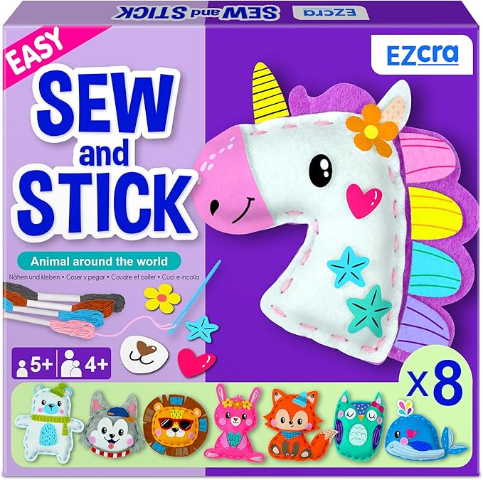 EZCRA Unicorn Sewing Kit for Kids - 8-in-1 Kids Sewing Kit - Easy to Do Craft Kits for Ages 4-8 - Sewing Crafts - Extra Felt Stickers for Decoration - No Mess with Full Instructions