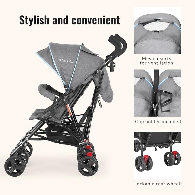 Dream On Me Volgo Twin Umbrella Stroller in Blue, Lightweight Double Stroller for Infant & Toddler, Compact Easy Fold, Large Storage Basket, Large and Adjustable Canopy