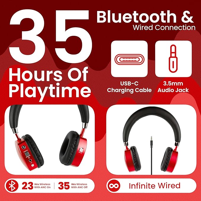 Puro Sound Labs PuroQuiet Plus Kids Noise Cancelling Headphones, Bluetooth Kids On Ear Headphones with Mic, Lightweight On-Ear Design, Studio-Grade Sound (Red)