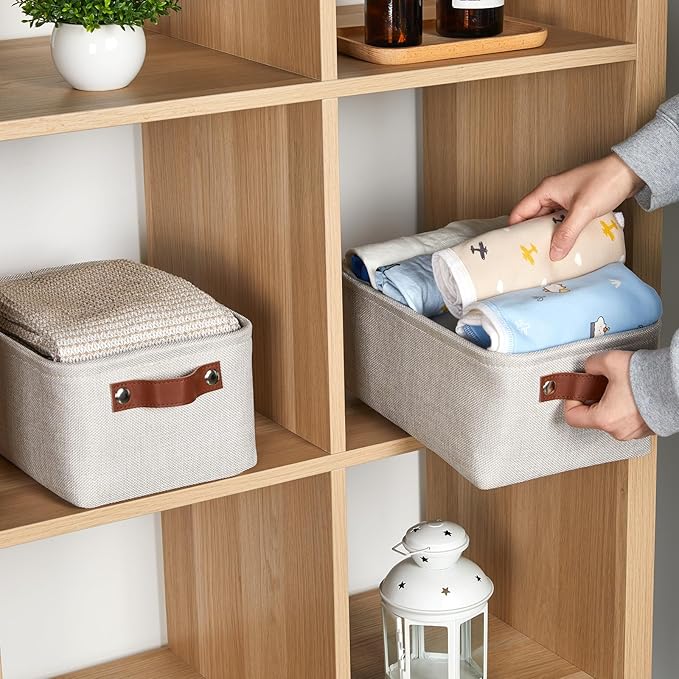 DULLEMELO fabric storage baskets | 11.8x7.9x5.1 inch small baskets for organizing Closet Set of 2 cloth storage baskets | rectangle storage basket with PU Handles (Beige)