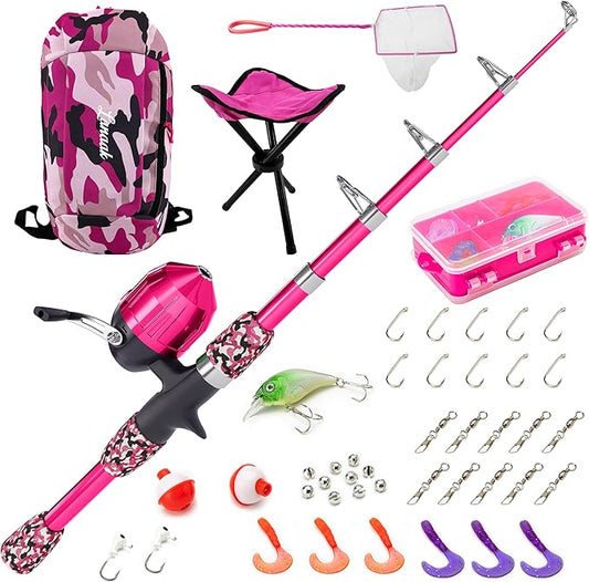 Kids Fishing Pole, Kids Portable Telescopic Fishing Rod Set, Tackle Box and Fishing Net Combo Kit, Kids Fishing Gear for Boys and Girls Age 5-10 and Youth
