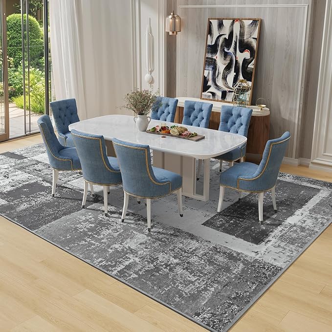 LOCHAS Rug for Living Room, Washable Soft Area Rugs for Bedroom 9x12, Abstract Carpet for Indoor Office Kids Dining Room Nursery Floor, Grey Geometric Vintage Home Decor, Non Slip, Pet Child Friendly