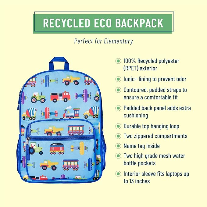 Wildkin ECO rPET Kids Backpack – Recycled, Padded, Adjustable for School & Travel – Trains, Planes & Trucks