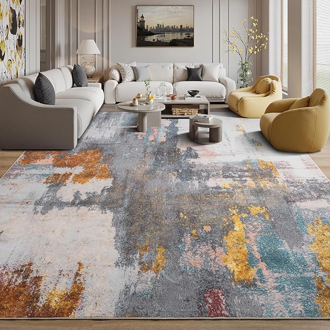 Kelarea Living Room Rug, 6x9 Rug Modern Abstract Washable Rugs Grey Faux Wool Vintage Carpet, Non Slip Rugs for Living Room, Bedroom, Dining Room, Kids Playroom, Home Office