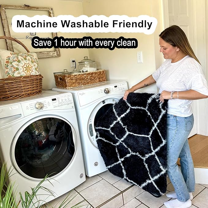 ONASAR Geometric Area Rugs for Bedroom Living Room, Washable 4x6 Black and White Fluffy Shag Throw Rug, Shaggy Plush Bedside Floor Carpet for Nursery Kids Teens Girls Boys Dorm Home Decor