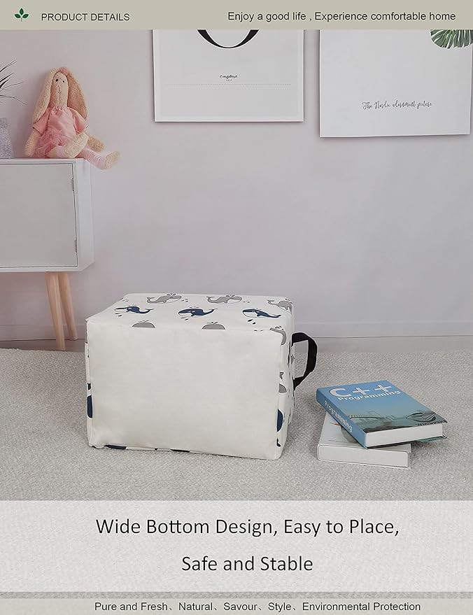 Rectangular Folding Laundry Basket,Canvas Basket,Nersury Hamper,Suitable for Children,Office,Bedroom,Clothes,Toys Storage (REC whale), 14.9’’L ×10.2’’W×9.05’’H inches