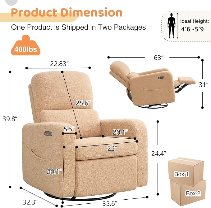 Swivel Rocker Recliner, Oversized Power Nursery Recliner Chair, Swivel Glider Reclienr with Removable Cushion, Upholstered Boucle Recling Chair for Nursery Living Room Bedroom, Teddy Camel