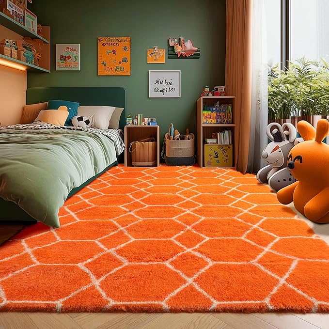 ONASAR Area Rugs for Bedroom Living Room, Washable 4x6 Fluffy Orange and White Throw Rug, Geometric Soft Shaggy Fuzzy Plush Indoor Floor Carpet for Kids Teen Nursery Dorm Office Home Decor Aesthetic