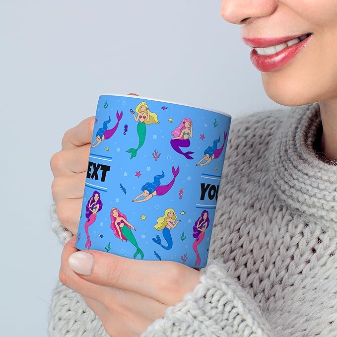 Personalized Mug for Kids - Mermaids - Custom Name/Text, Ceramic Hot Chocolate/Cocoa/Coffee Cup for Girls, Birthday/Christmas/Holiday Gift - 15 oz, Black Handle