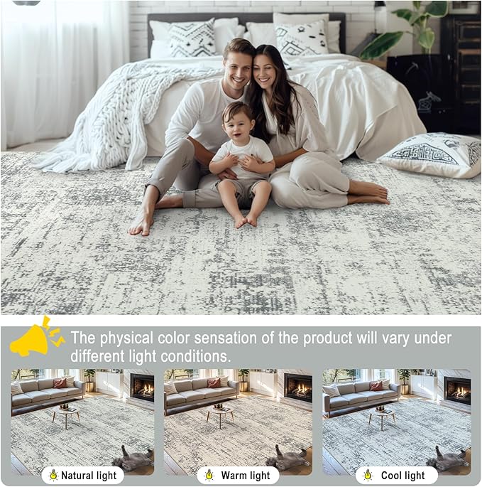 Area Rugs 10x14 Living Room - Washable Rug Modern Abstract Soft Large Neutral Non-Slip Carpet Indoor Floor Thin Carpets for Bedroom Dining Room Farmhouse Nursery Home Office Grey