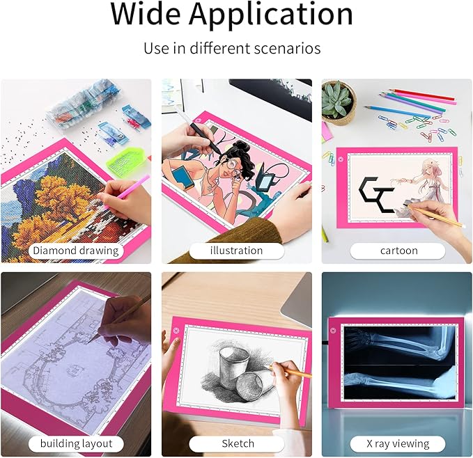 Light Box Drawing Pad, Tracing Board with Type-C Charge Cable and Brightness Adjustable for Artists, AnimationDrawing, Sketching, Animation, X-ray Viewing (A4-P-Pink-New)