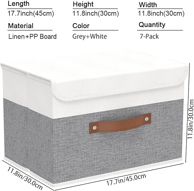 Yawinhe Storage Bins with Lids, Fabric Foldable Boxes, Washable and Leather Handle, Cube Organizer Basket for Home, Closet, White/Grey, 17.7''Lx11.8''Wx11.8''H, 7-Pack, USNK024WGX-7