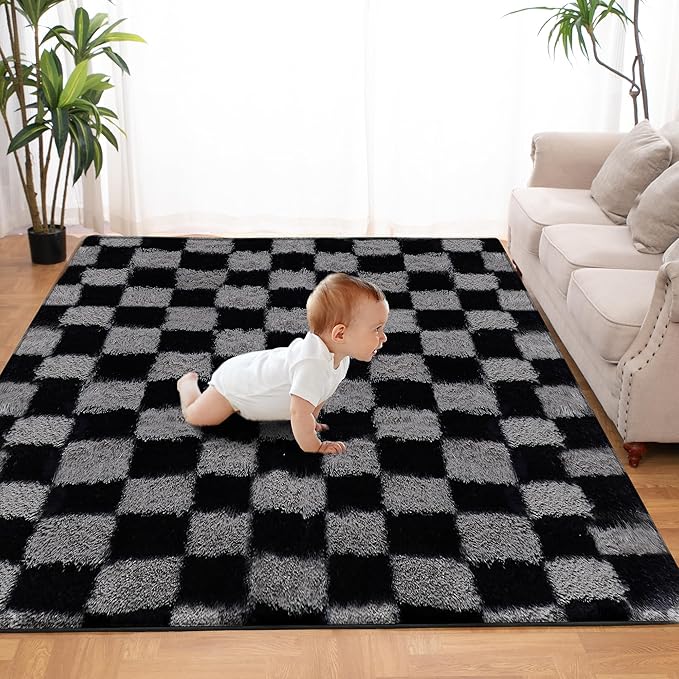 Super Soft Rug for Bedroom, 6x9 Ft Grey and Black Area Rug Classic Checkered Shaggy Rug Anti-Skid High Pile Soft Fluffy Fuzzy Carpet for Living Room Bedroom Kids Room Nursery, Dorm Home Decor