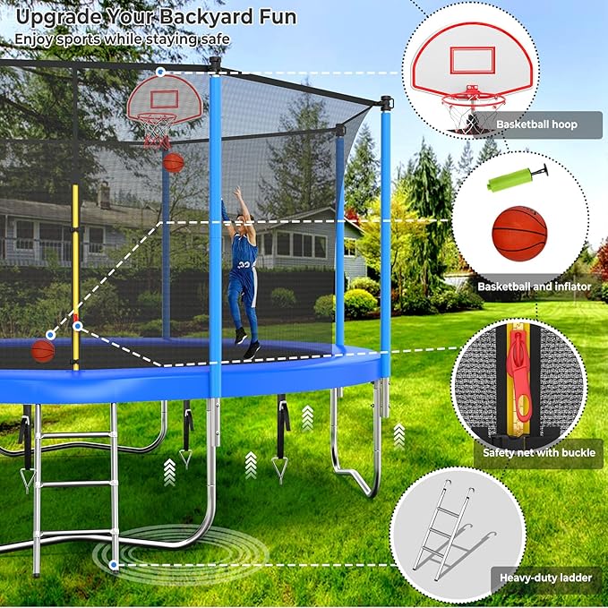 Upgraded 16FT 15FT 14FT 12FT 10FT 8FT Trampoline Outdoor with Basketball Hoop and Net, Capacity for 4-6 Kids and Adults