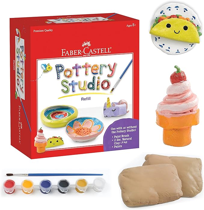 Faber-Castell Pottery Studio Refill Kit - 2 lbs. of Natural Air-Dry Pottery Clay, 6 Paint Pots and Paintbrush, Clay Making Kit for Kids