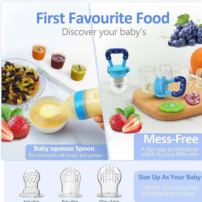 WAJIAYON Baby Fruit Feeder Pacifier - 6 Pack | 2 Infant Food Pacifier & 2 Baby Food Dispensing Spoon | Fresh Fruit Teethers for Babies | Silicone Feeder Babies,Infant Teething Feeders (Blue)