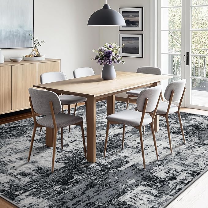 Washable Area Rugs 5'x7' Non-Slip Modern Abstract Soft for Living Room Entryway Bedroom Nursery, Print Pattern, Black Gray